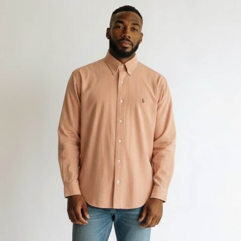 Ralph Lauren Men’s Peach & Blue Stripe Long Sleeve Button-Down Shirt Size 16.5